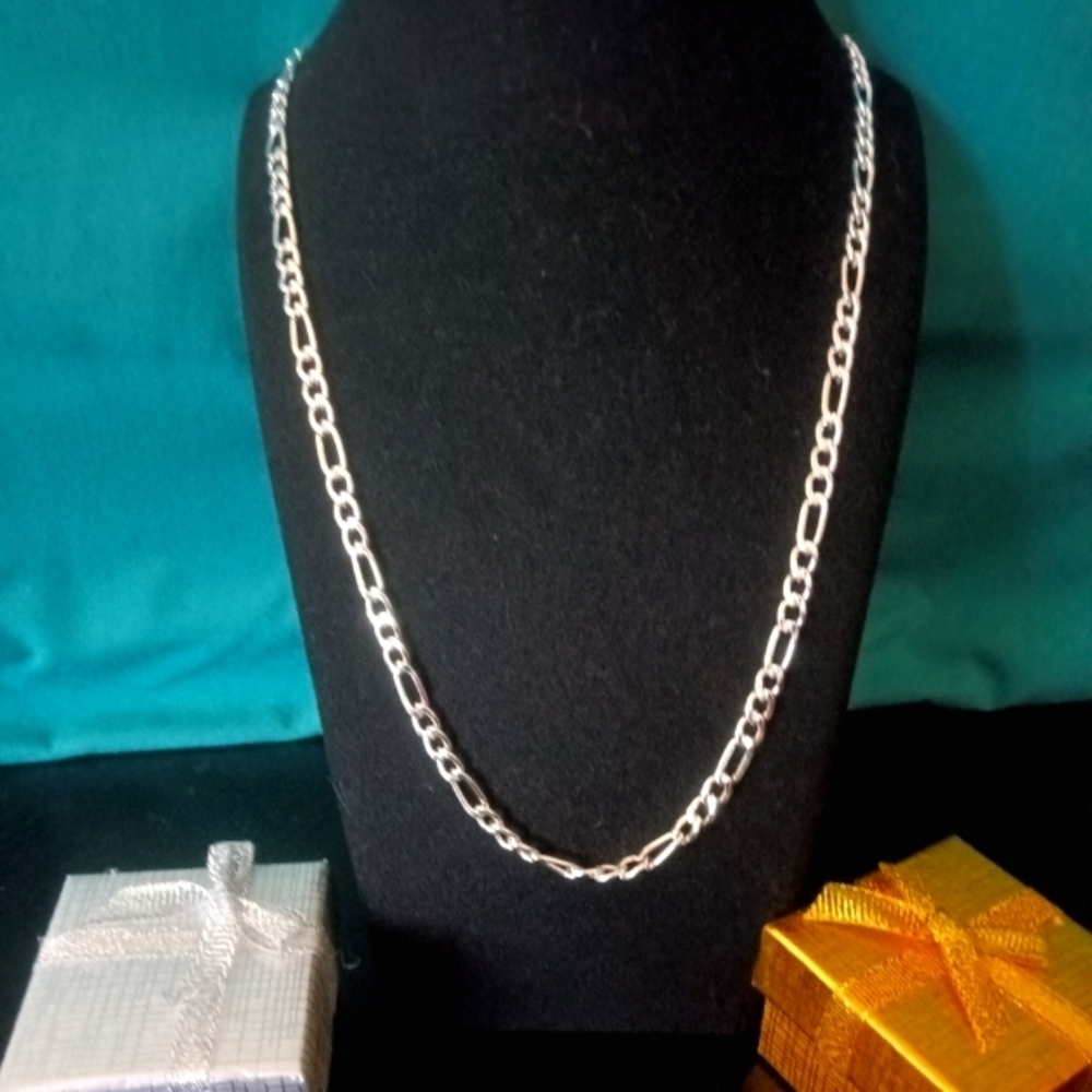 NEW 925 SS Plated Figaro Link 24" Chain Necklace